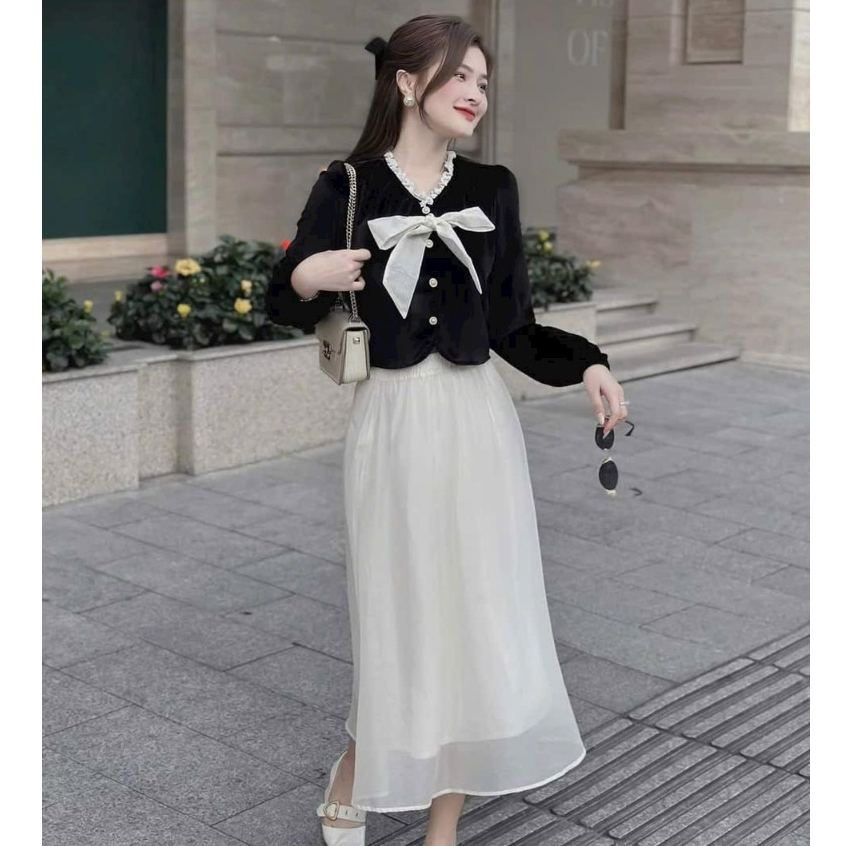 Sét đầm váy nữ áo kiểu tay dài, gài nút đính nơ mix chân váy xòe dài đậm chất tiểu thư dành cho các nàng đi tiệc xinh.