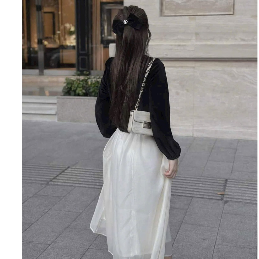 Sét đầm váy nữ áo kiểu tay dài, gài nút đính nơ mix chân váy xòe dài đậm chất tiểu thư dành cho các nàng đi tiệc xinh.