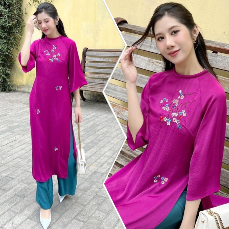 Áo Dài Thiết Kế Thêu Hoa Cao Cấp_Áo Dài Cổ Tròn Dáng Xuông May Sẵn Đi Lễ Chùa