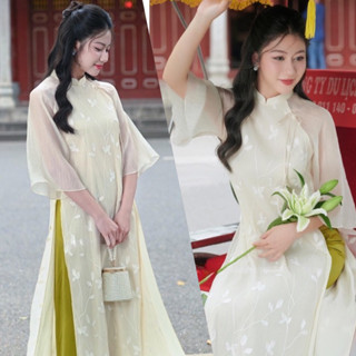   Áo Dài Tết  Áo Dài Cách Tân Dáng Suông 4 Tà Chất Liệu Voan Tơ Thêu Cao Cấp May Sẵn_AD AN VY 