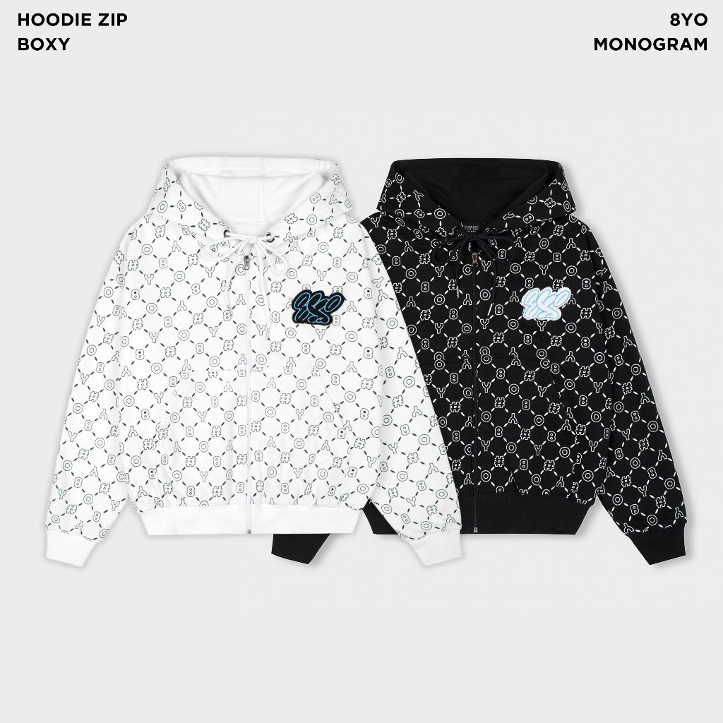 Áo Hoodie Zip Boxy 8YO Monogram - Áo Khoác Nỉ Bông Có Lót Vải Jersey Dây Kéo Unisex Local Brand