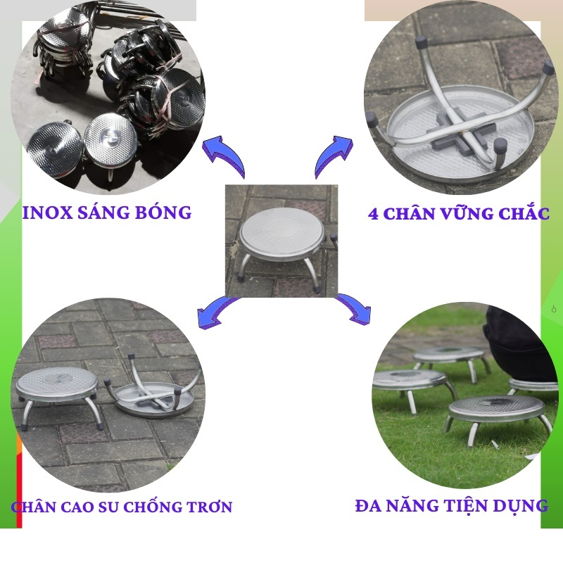 Ghế inox ngồi thấp rửa chén bát , giặt đồ , làm bánh, người già ngồi tắm, Ghế nhôm 4 chân ZUBIHOME