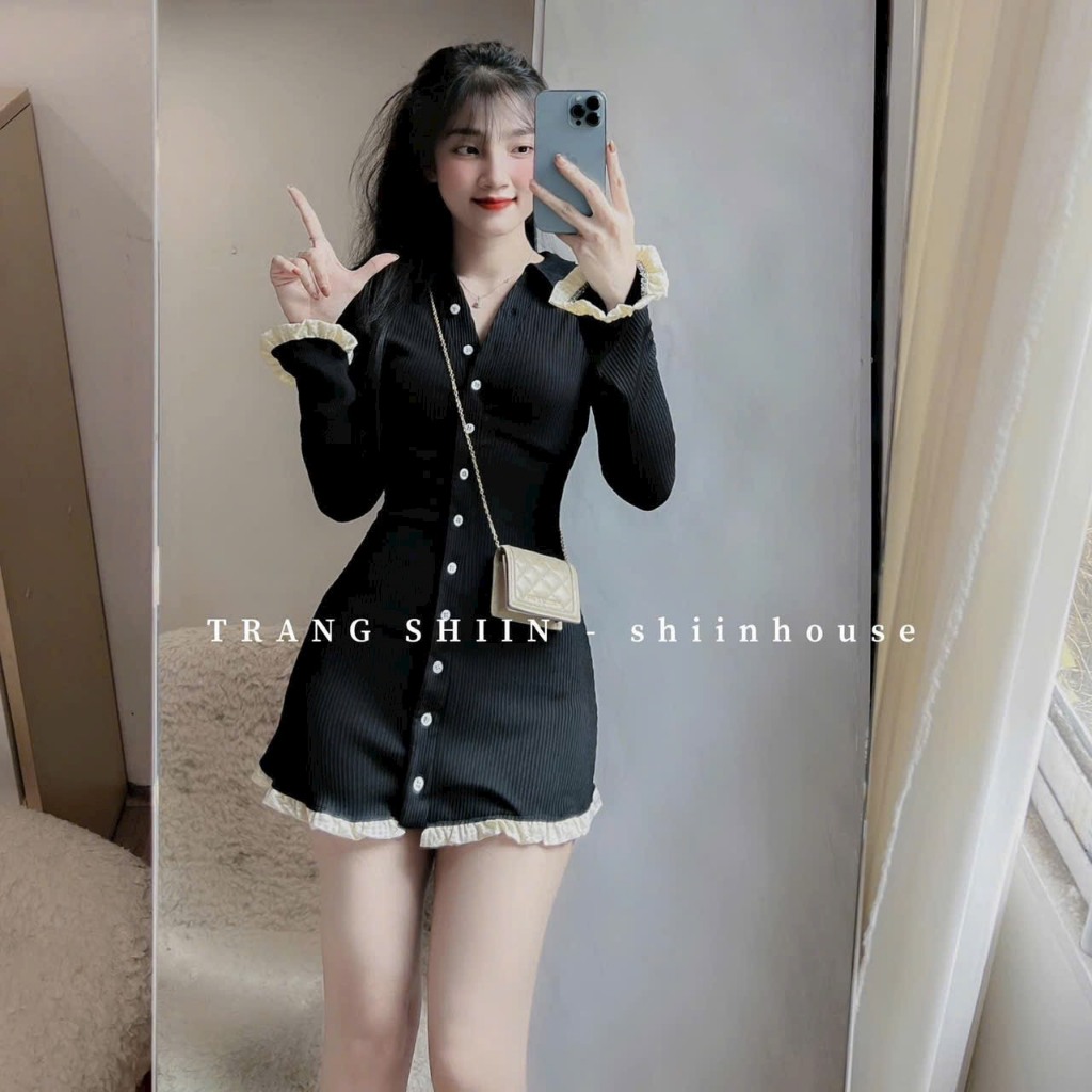 Đầm váy nữ body tay dài phối dài loe đính nút siêu dễ thương cho nàng tôn vòng 2 cực đỉnh