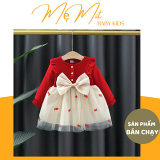 Váy thu đông dài tay cho bé, váy đỏ phối ren đính nơ điệu đà cho bé gái từ 1 đến 4 tuổi