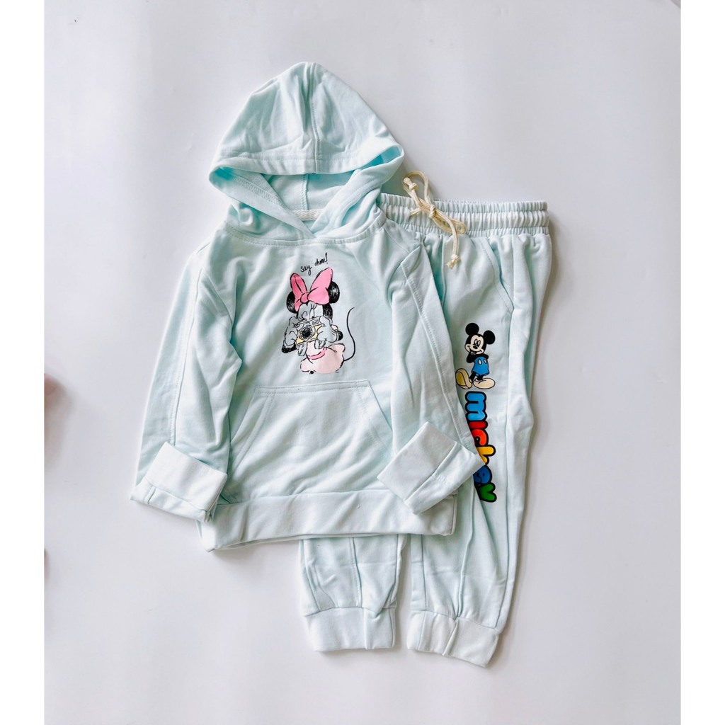 Bộ nỉ da cá dài tay áo chui đầu có mũ mùa thu đông cho bé gái size 2-7 tuổi