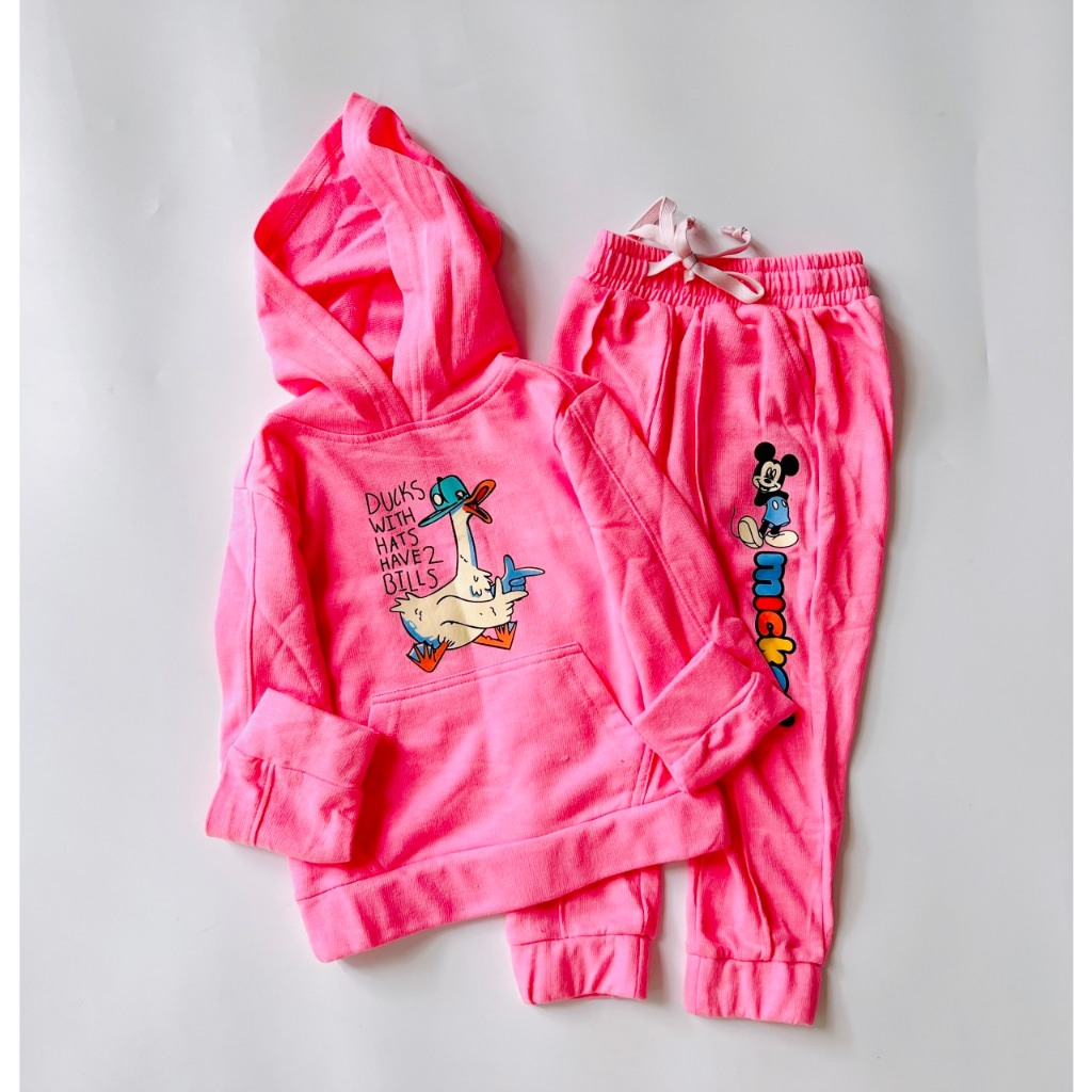 Bộ nỉ da cá dài tay áo chui đầu có mũ mùa thu đông cho bé gái size 2-7 tuổi