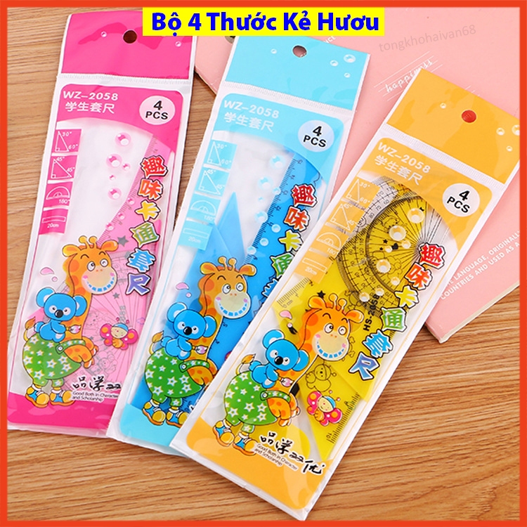 Bộ 4 món thước e ke hình hươu đóng túi dễ thương nhiều màu dễ lựa chọn