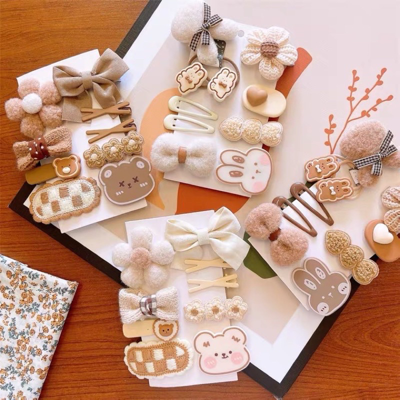 Set kẹp 8 chi tiết tông Nâu Hàn quốc xinh xắn cho bé