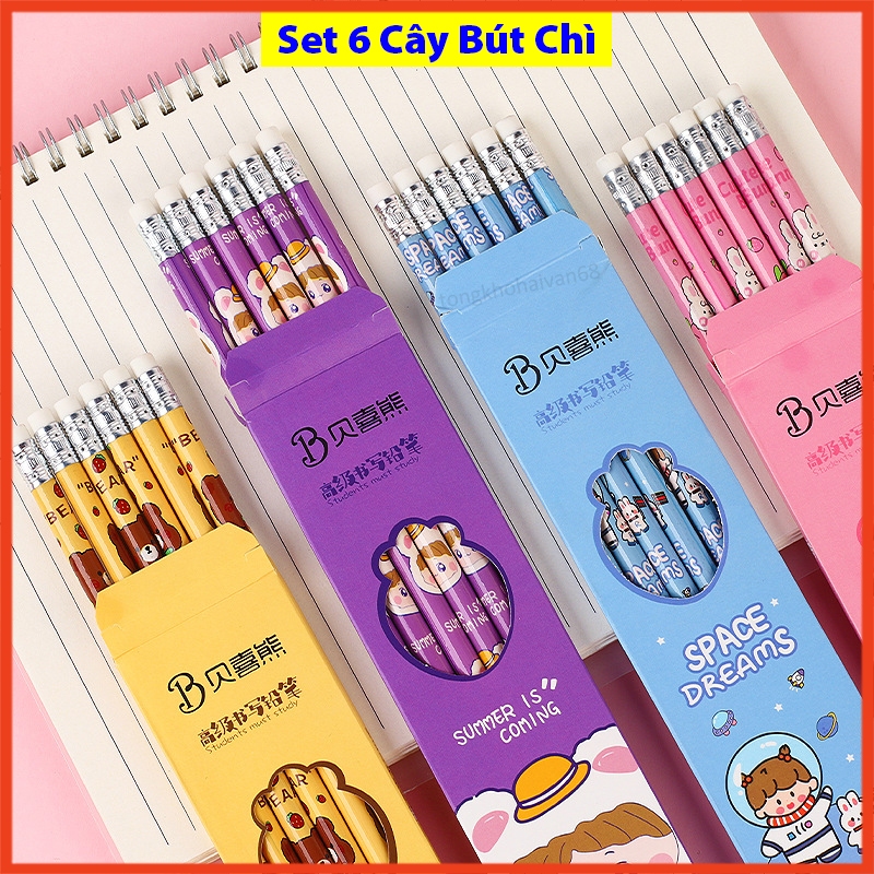 Set 6 Bút Chì Gỗ H.B Có Đầu Tẩy Họa Tiết Hoạt Hình Cute Dễ Thương Nhiều Mẫu Mã Lựa Chọn