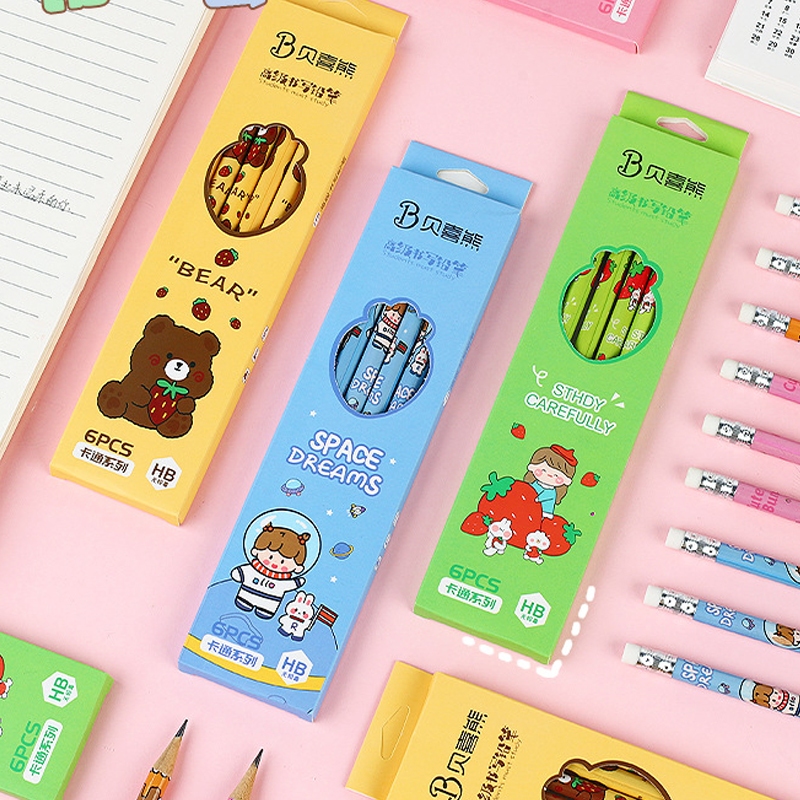 Set 6 Bút Chì Gỗ H.B Có Đầu Tẩy Họa Tiết Hoạt Hình Cute Dễ Thương Nhiều Mẫu Mã Lựa Chọn