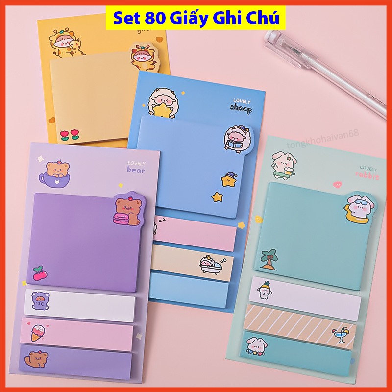 Sét Giấy note ghi chú 80 tờ cute dễ thương nhỏ gọn nhiều mẫu mã thiết kế đẹp mắt đơn giản