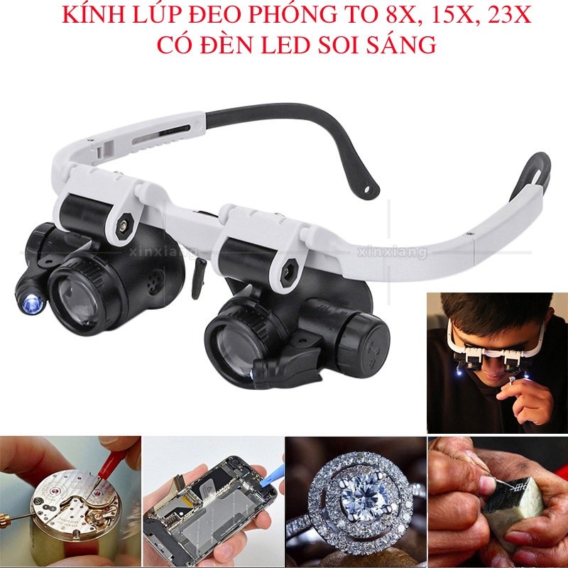 Kính lúp đeo đầu có đèn LED 8x 15x 23X thợ đồng hồ trang sức kính lúp mới