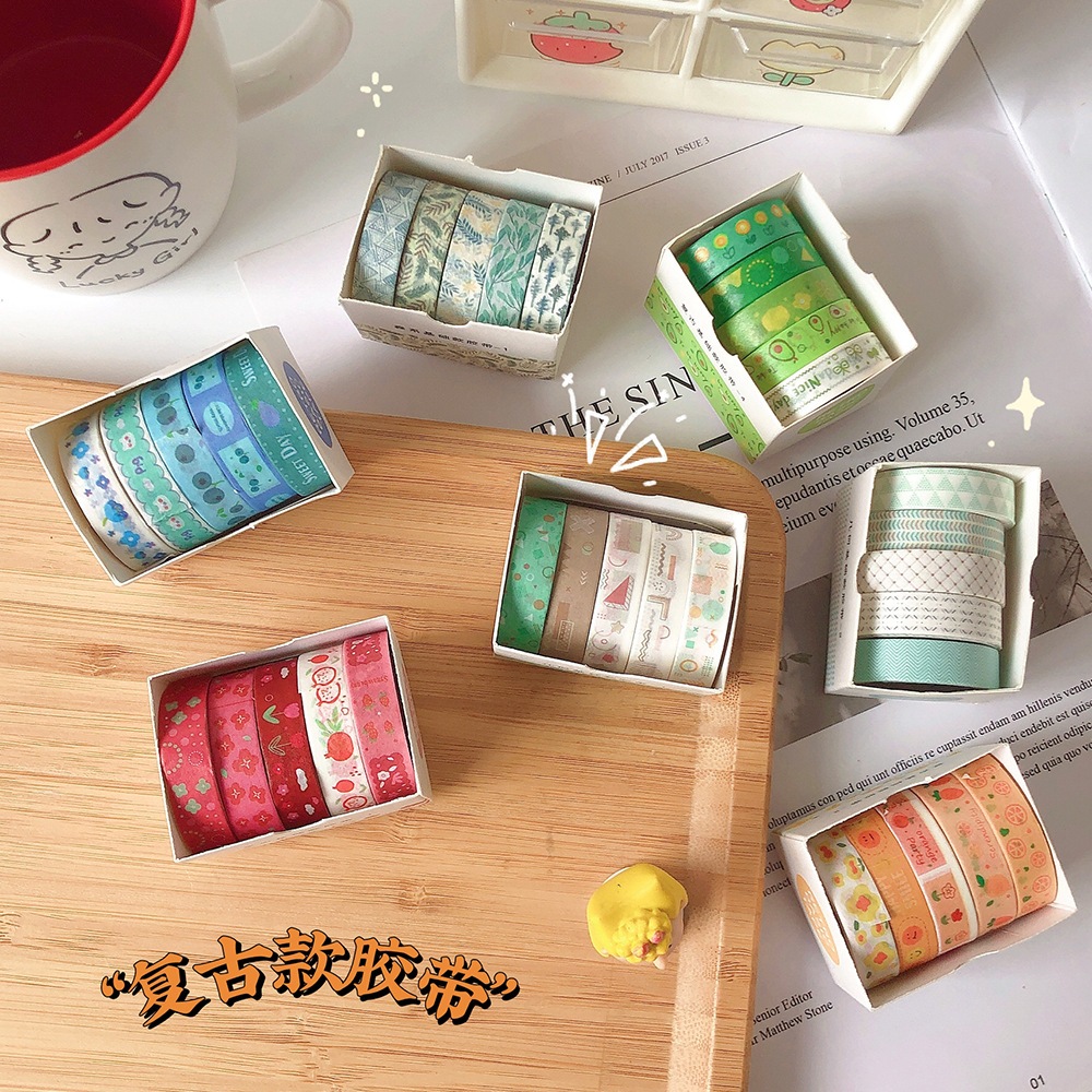 Hộp 10 Cuộn Băng Keo Washi Tape Mini 5mm DIY Trang Trí Bullet Journal Nhật Ký Sổ Lưu Niệm D065