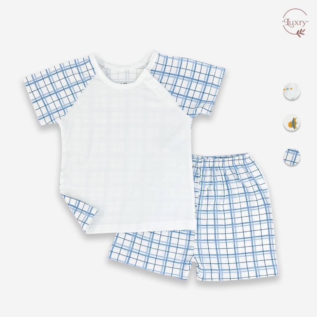 Bộ quần áo cộc tay cài lệch Luxry hoạ tiết kẻ chất vải pettit in hình đáng yêu cho bé
