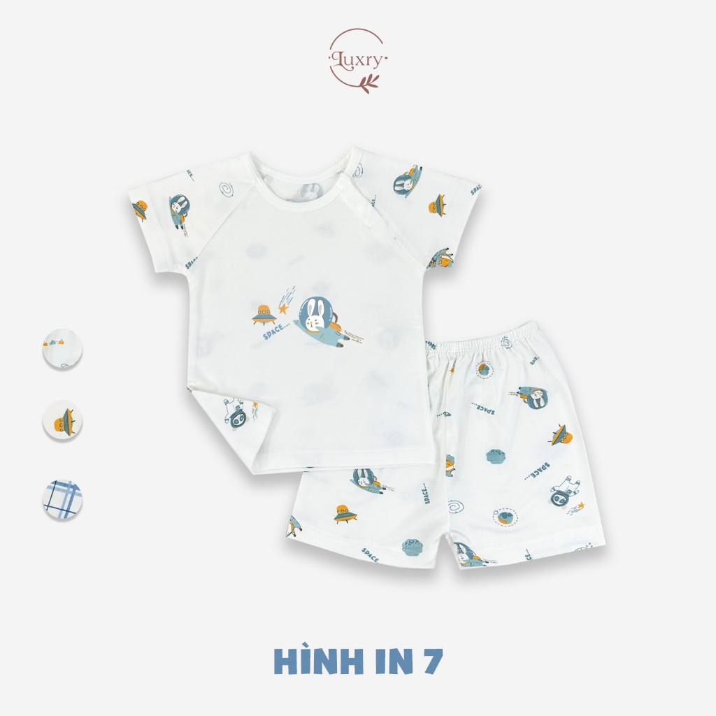 Bộ quần áo cộc tay cài lệch Luxry hoạ tiết kẻ chất vải pettit in hình đáng yêu cho bé
