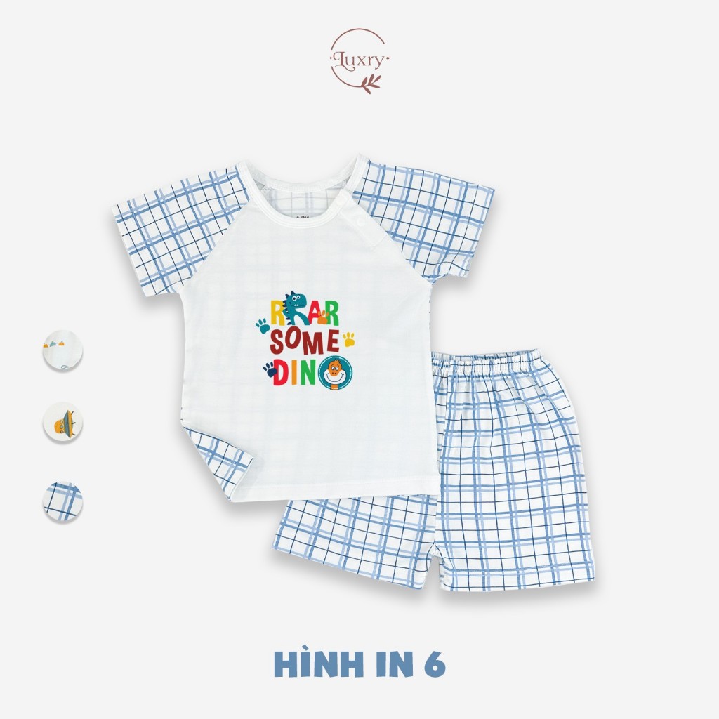 Bộ quần áo cộc tay cài lệch Luxry hoạ tiết kẻ chất vải pettit in hình đáng yêu cho bé