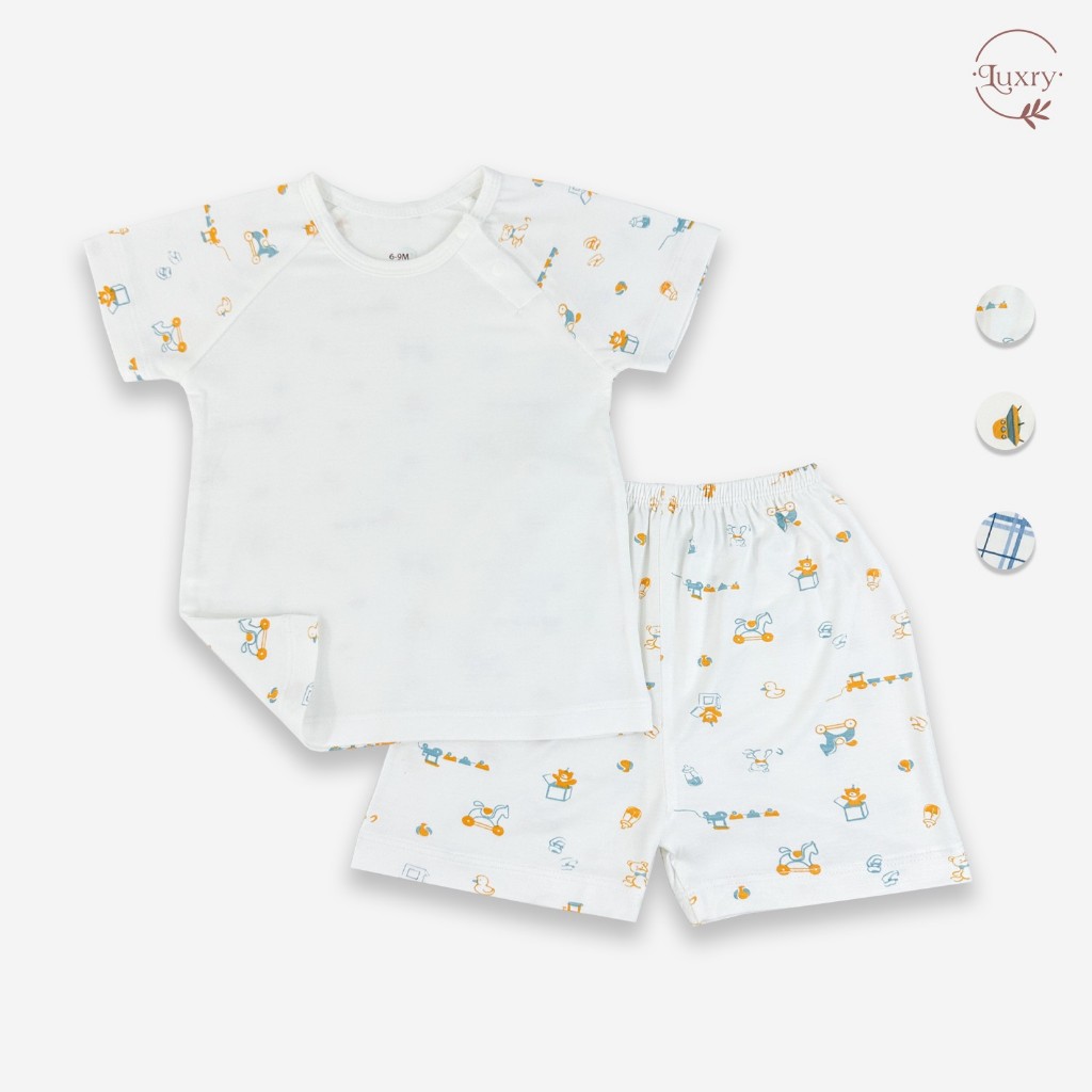 Bộ quần áo cộc tay cài lệch Luxry hoạ tiết kẻ chất vải pettit in hình đáng yêu cho bé