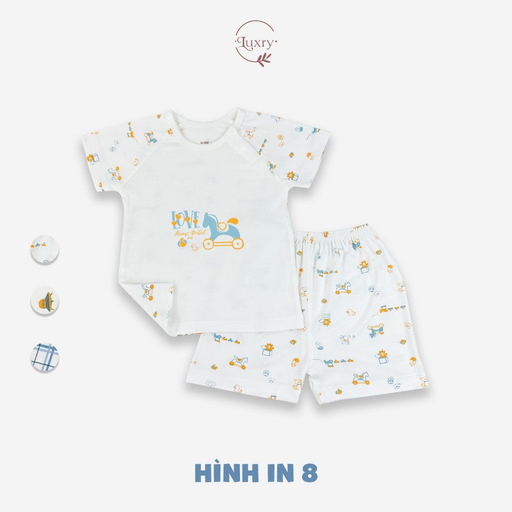 Bộ quần áo cộc tay cài lệch Luxry hoạ tiết kẻ chất vải pettit in hình đáng yêu cho bé