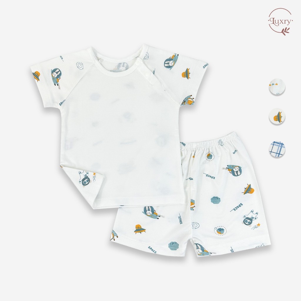 Bộ quần áo cộc tay cài lệch Luxry hoạ tiết kẻ chất vải pettit in hình đáng yêu cho bé