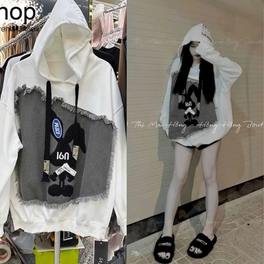 Áo hoodie form dáng rộng chất nỉ cho nữ thêu phối vải bò hình thỏ duyên dáng cá tính cực xinh