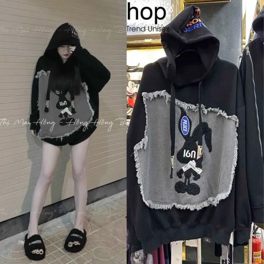 Áo hoodie form dáng rộng chất nỉ cho nữ thêu phối vải bò hình thỏ duyên dáng cá tính cực xinh