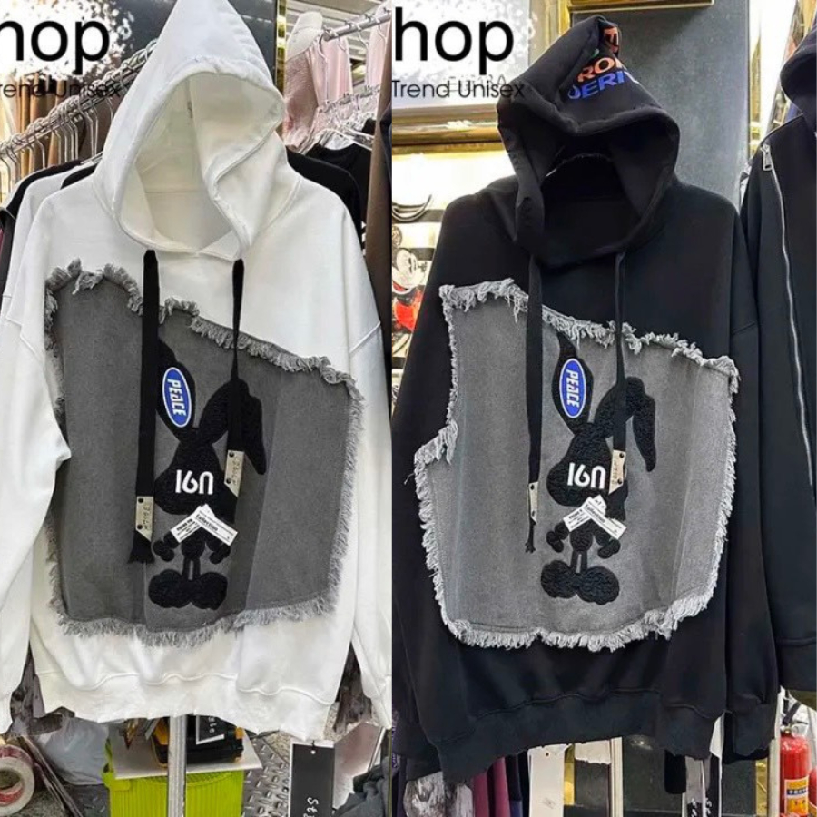 Áo hoodie form dáng rộng chất nỉ cho nữ thêu phối vải bò hình thỏ duyên dáng cá tính cực xinh