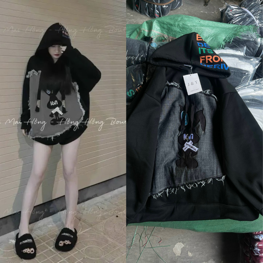 Áo hoodie form dáng rộng chất nỉ cho nữ thêu phối vải bò hình thỏ duyên dáng cá tính cực xinh