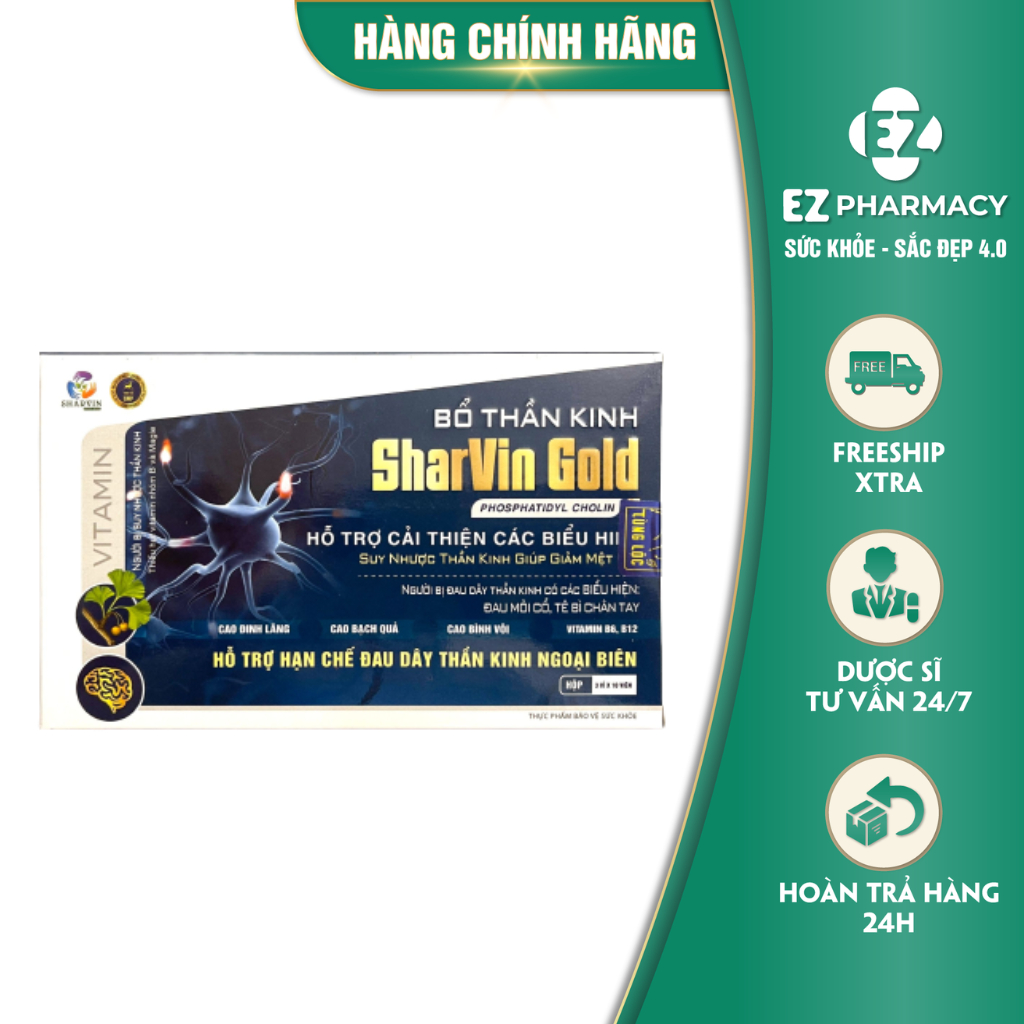 Bổ thần kinh SharVin Gold-Giảm đau mỏi cổ,tê bì chân tay-Hỗ trợ hạn chế đau dây thần kinh ngoại biên-Hộp 30v-Ezpharmacy