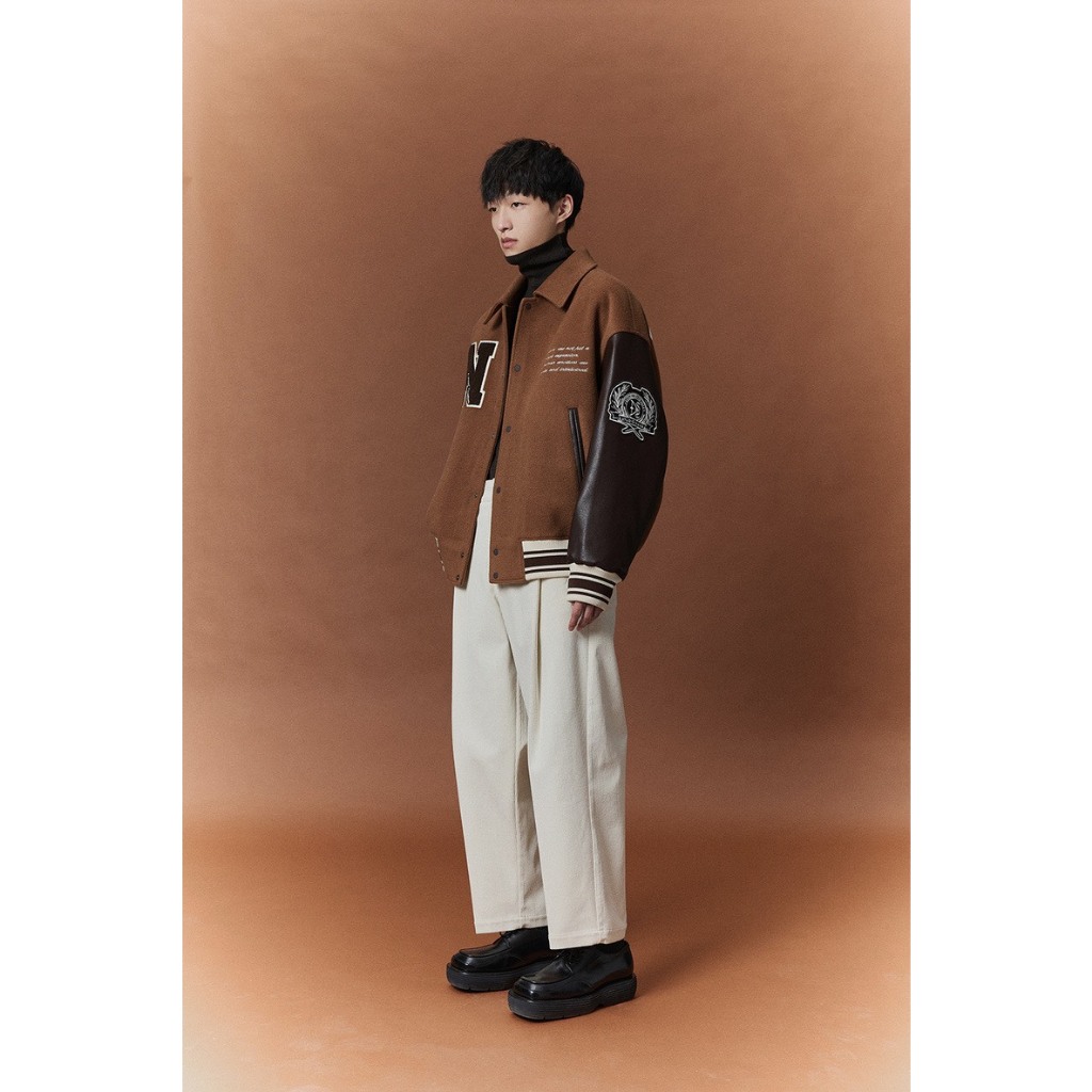 Áo khoác dạ Varsity trần phông phối tay da thêu N from 45 -85kg