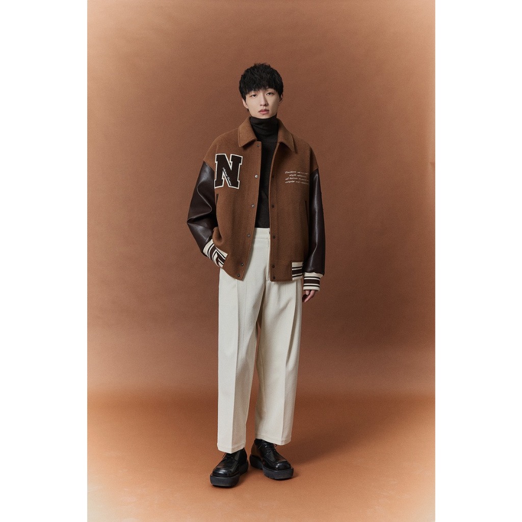 Áo khoác dạ Varsity trần phông phối tay da thêu N from 45 -85kg