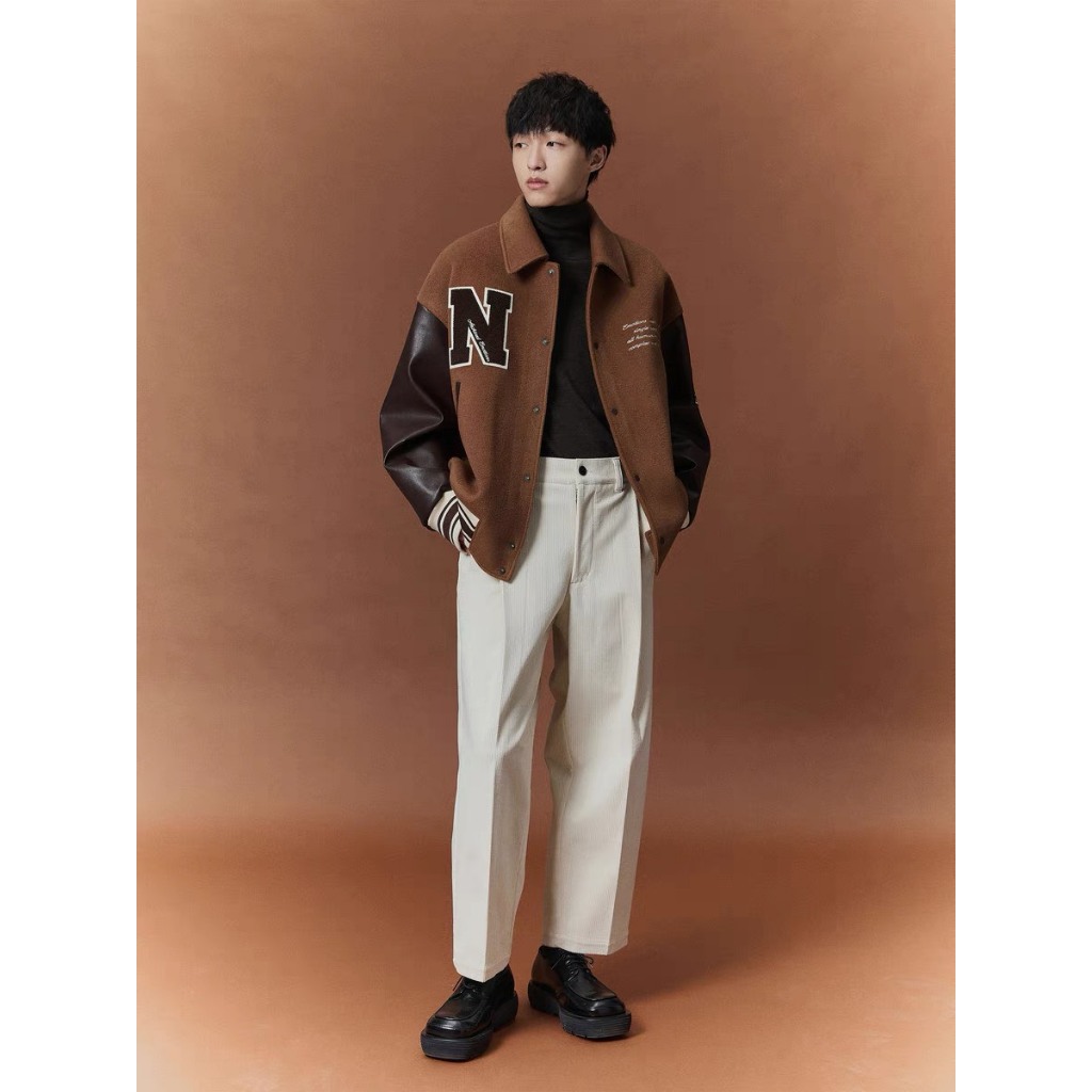 Áo khoác dạ Varsity trần phông phối tay da thêu N from 45 -85kg