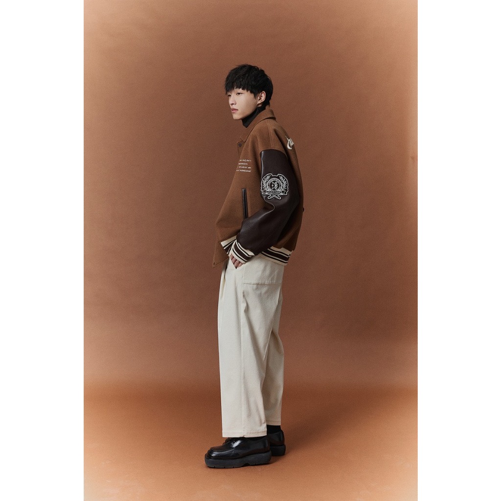 Áo khoác dạ Varsity trần phông phối tay da thêu N from 45 -85kg