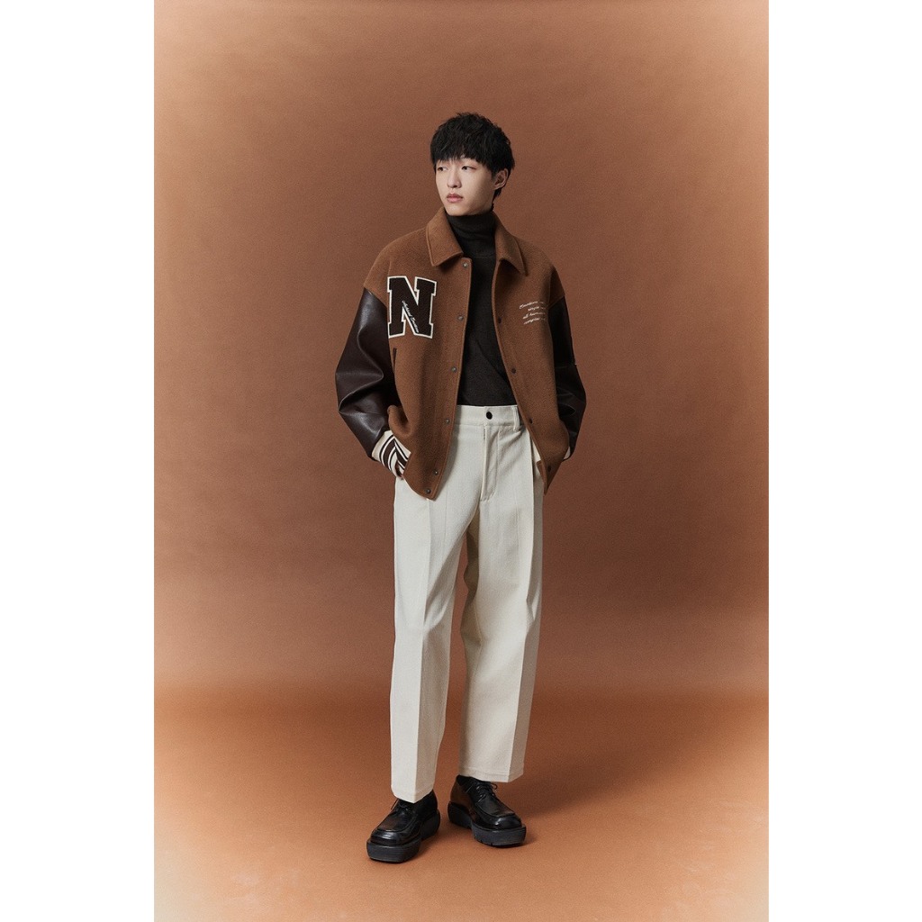 Áo khoác dạ Varsity trần phông phối tay da thêu N from 45 -85kg