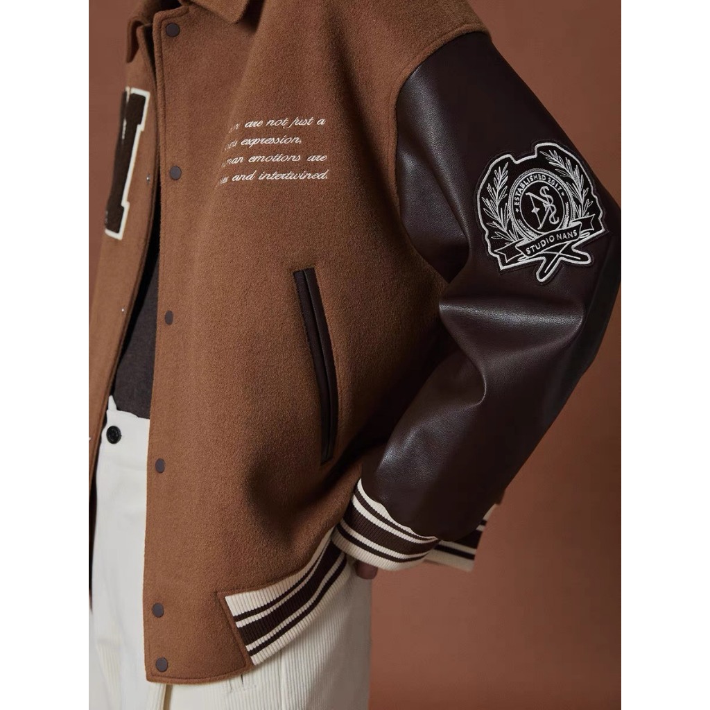 Áo khoác dạ Varsity trần phông phối tay da thêu N from 45 -85kg