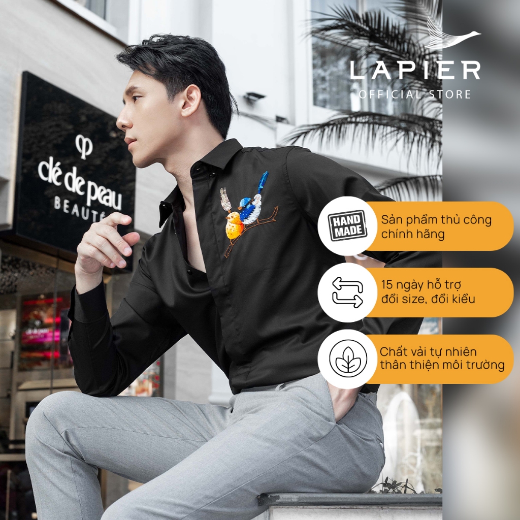 Sơ mi nam thêu thủ công Chim chích bông, hai màu đen trắng dài tay, chất liệu Bamboo sang trọng quý phái