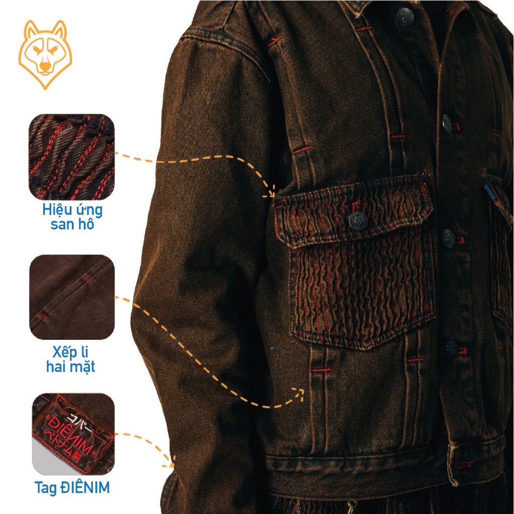 Áo Khoác Denim/Jeans Nam Điênim "Đường Ray" - washed denim, màu nâu đỏ - Copper Denim