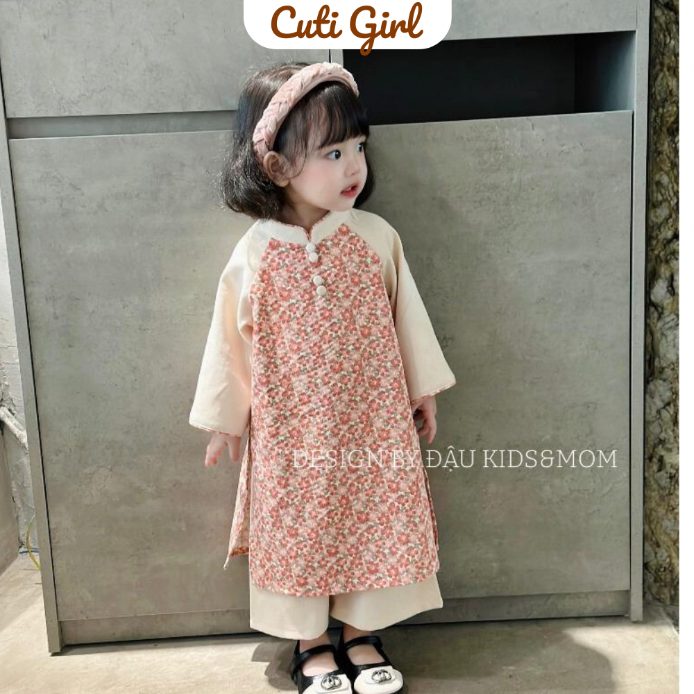 Áo dài bé gái họa tiết hoa nhí hồng tay trắng, Áo dài cách tân cổ tàu TẶNG kèm bờm chất liệu nhung tăm cho bé 10-26kg