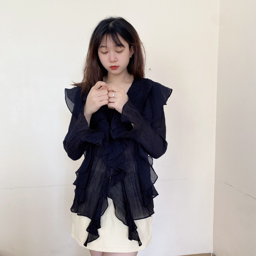 Áo sơ mi nữ kiểu ,Áo sơ mi nữ tơ nhăn,thiết kế cổ V,tay loe bánh bèo tiểu thư