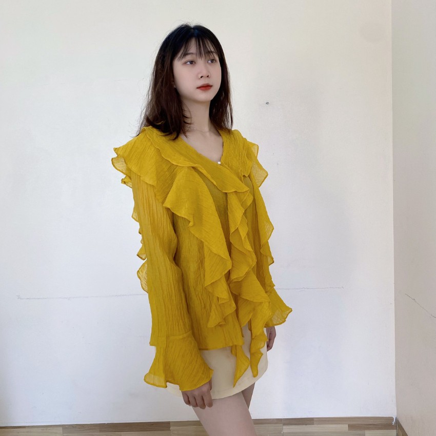 Áo sơ mi nữ kiểu ,Áo sơ mi nữ tơ nhăn,thiết kế cổ V,tay loe bánh bèo tiểu thư
