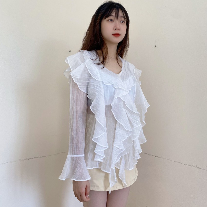 Áo sơ mi nữ kiểu ,Áo sơ mi nữ tơ nhăn,thiết kế cổ V,tay loe bánh bèo tiểu thư