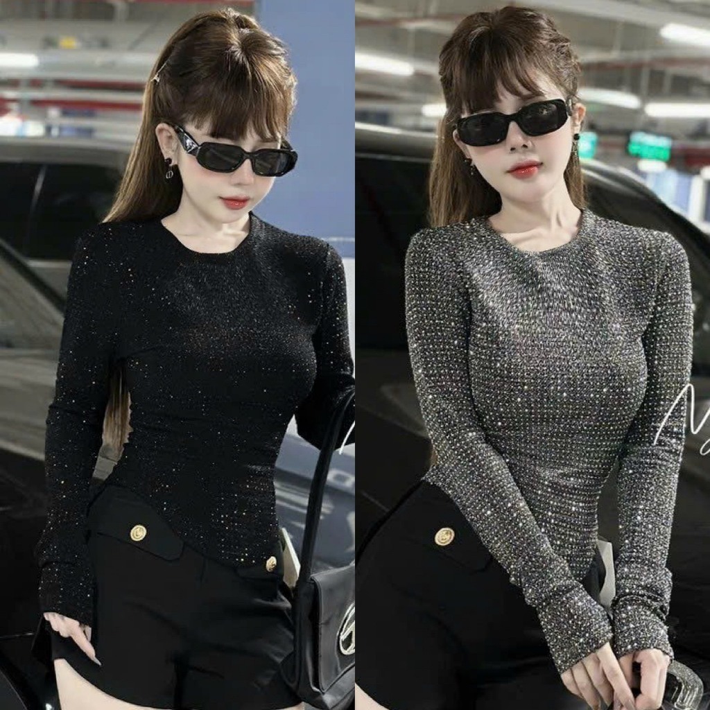 Áo ôm tay dài vạt bầu đính đá - A96