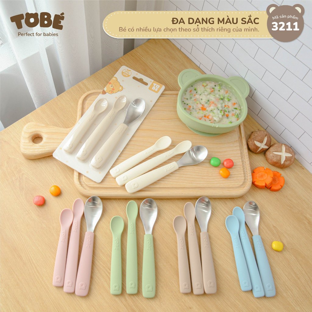 Set 3 thìa ăn dặm eco silicon mềm an toàn Thiết kế bo tròn với đầu muỗng chuyên dụng cho bé lunakidsbaby