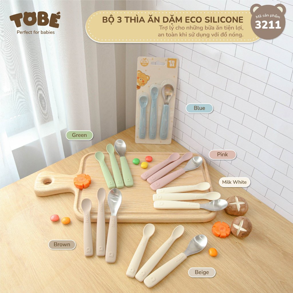 Set 3 thìa ăn dặm eco silicon mềm an toàn Thiết kế bo tròn với đầu muỗng chuyên dụng cho bé lunakidsbaby