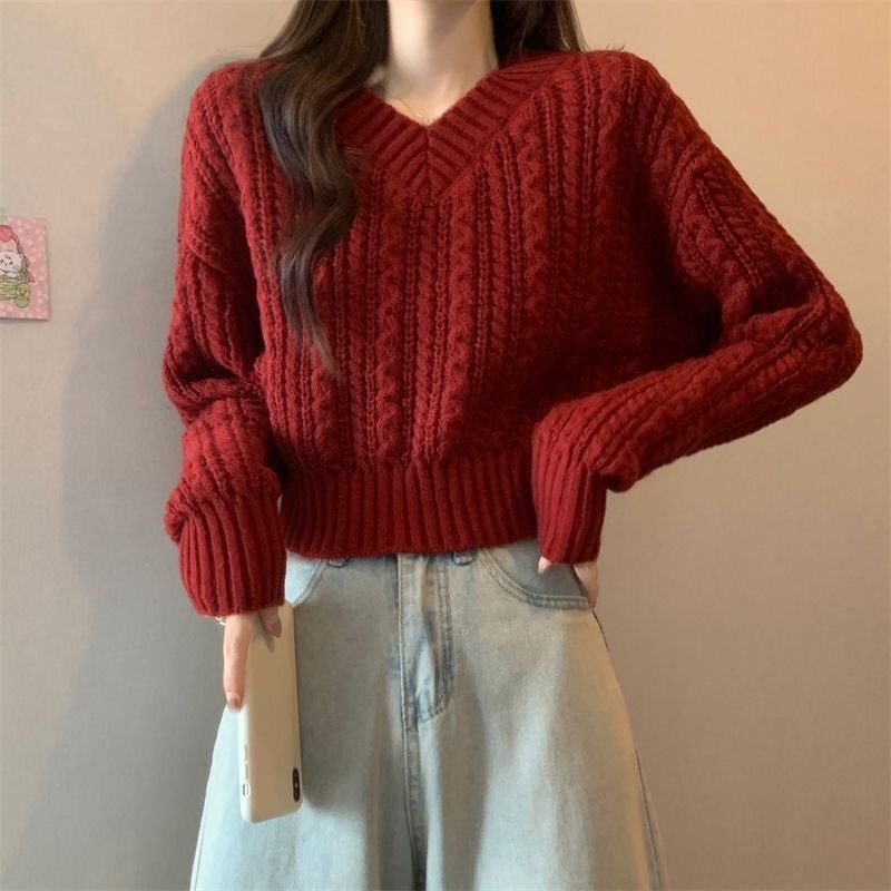 Áo len nữ dài tay cổ tim dáng croptop suông
