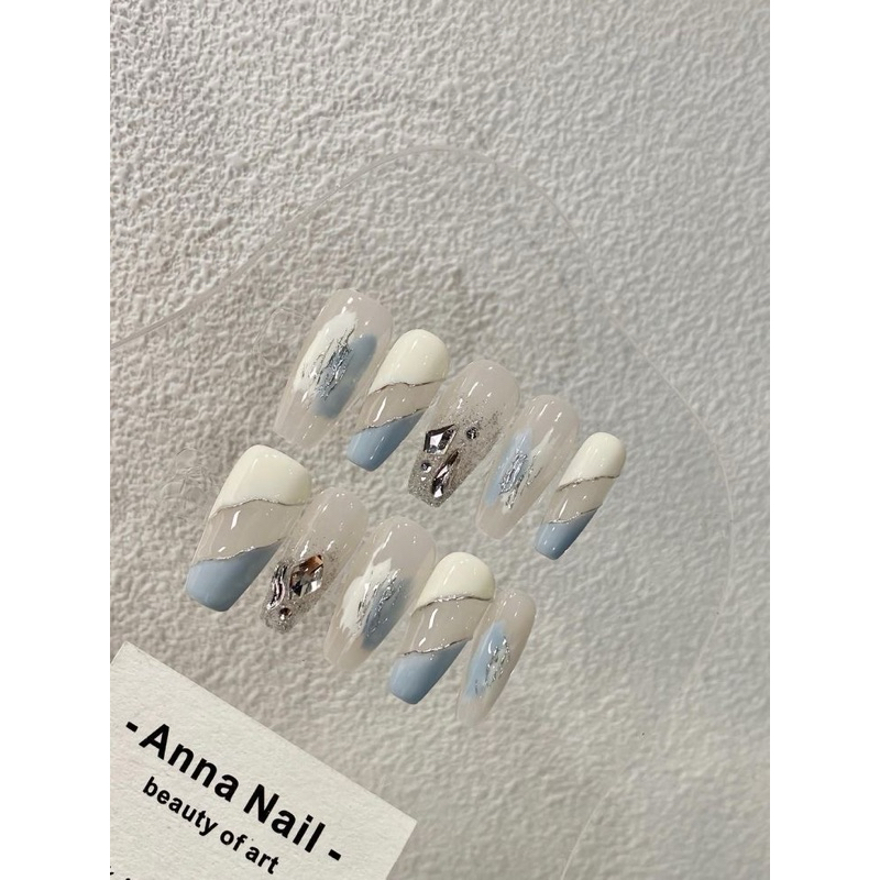 Nailbox xanh đính đá nhũ bling