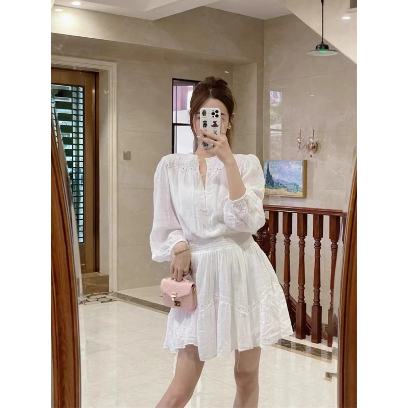 Váy baby doll sơ mi za.ra xuất tay bo chun dáng xoè