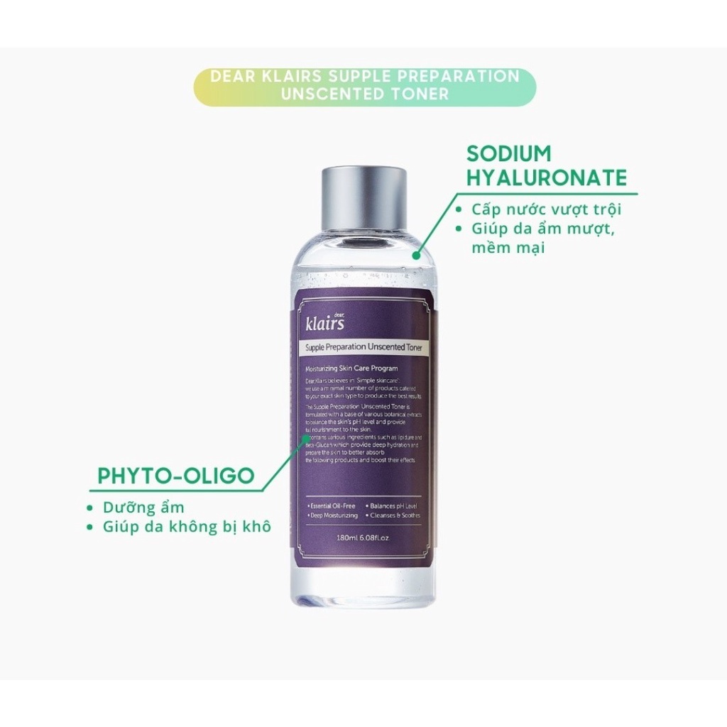 Nước Hoa Hồng Không Mùi Dưỡng Ẩm Và Làm Mềm Da Dear Klairs Supple Preparation Unscented Toner 180ml