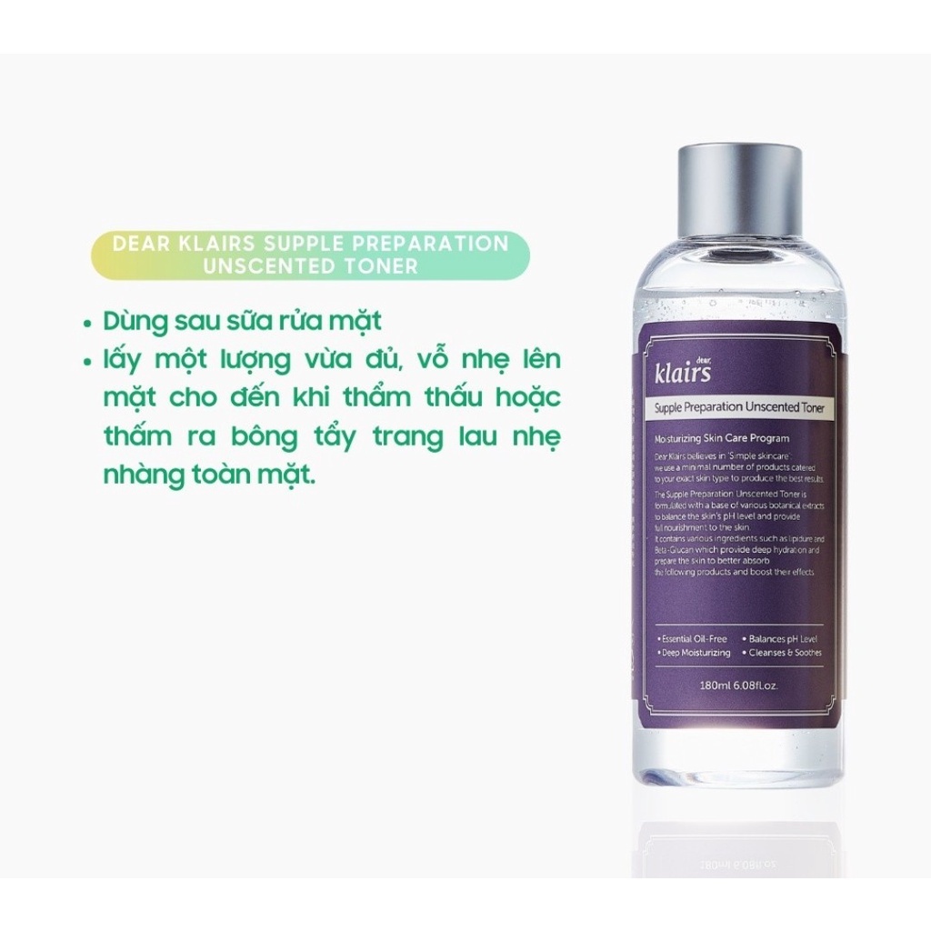 Nước Hoa Hồng Không Mùi Dưỡng Ẩm Và Làm Mềm Da Dear Klairs Supple Preparation Unscented Toner 180ml