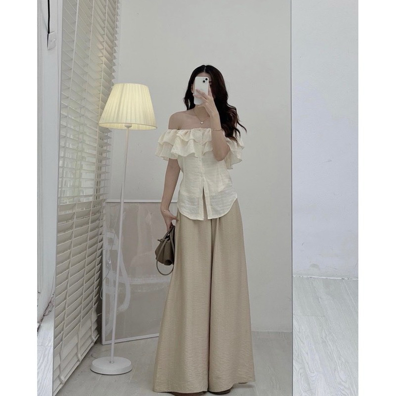 ÁO KIỂU BẸT VAI NGẮN TAY XẺ TÀ NHẸ ĐÍNH NÚT CÔNG CHÚA  M8