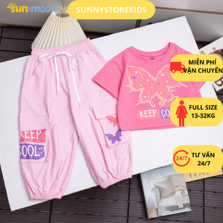 Đồ bộ bé gái áo thun croptop kết hợp quần Jogger túi hộp cao cấp , Set áo thun quần lửng từ 13 -32kg